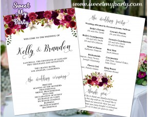 Floral burgudy Wedding program fan,Floral burgundy Wedding itinerary,(032w)